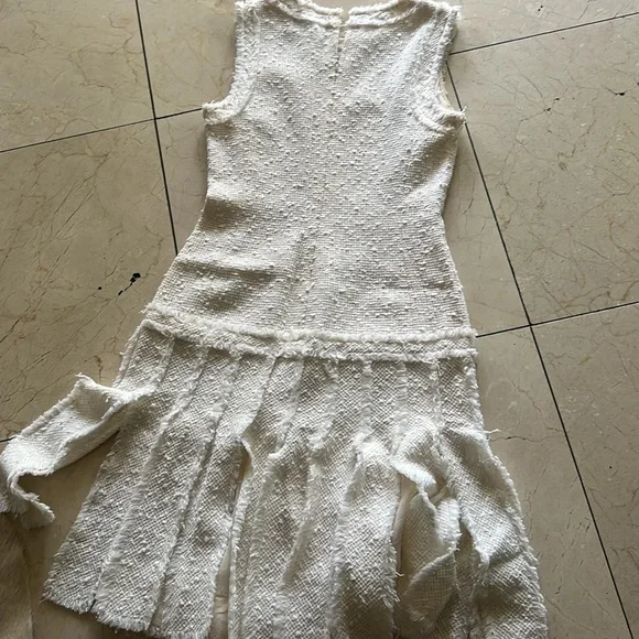 CHANEL White Tweed Fringe Sleeveless Dress Size 38